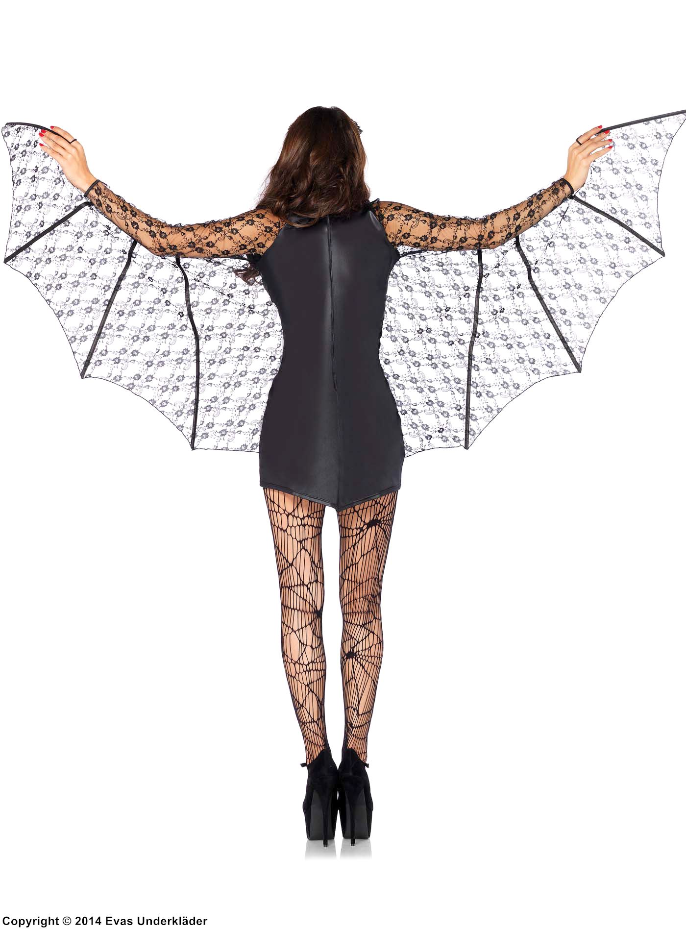Female bat, costume dress, wet look, floral lace, wings